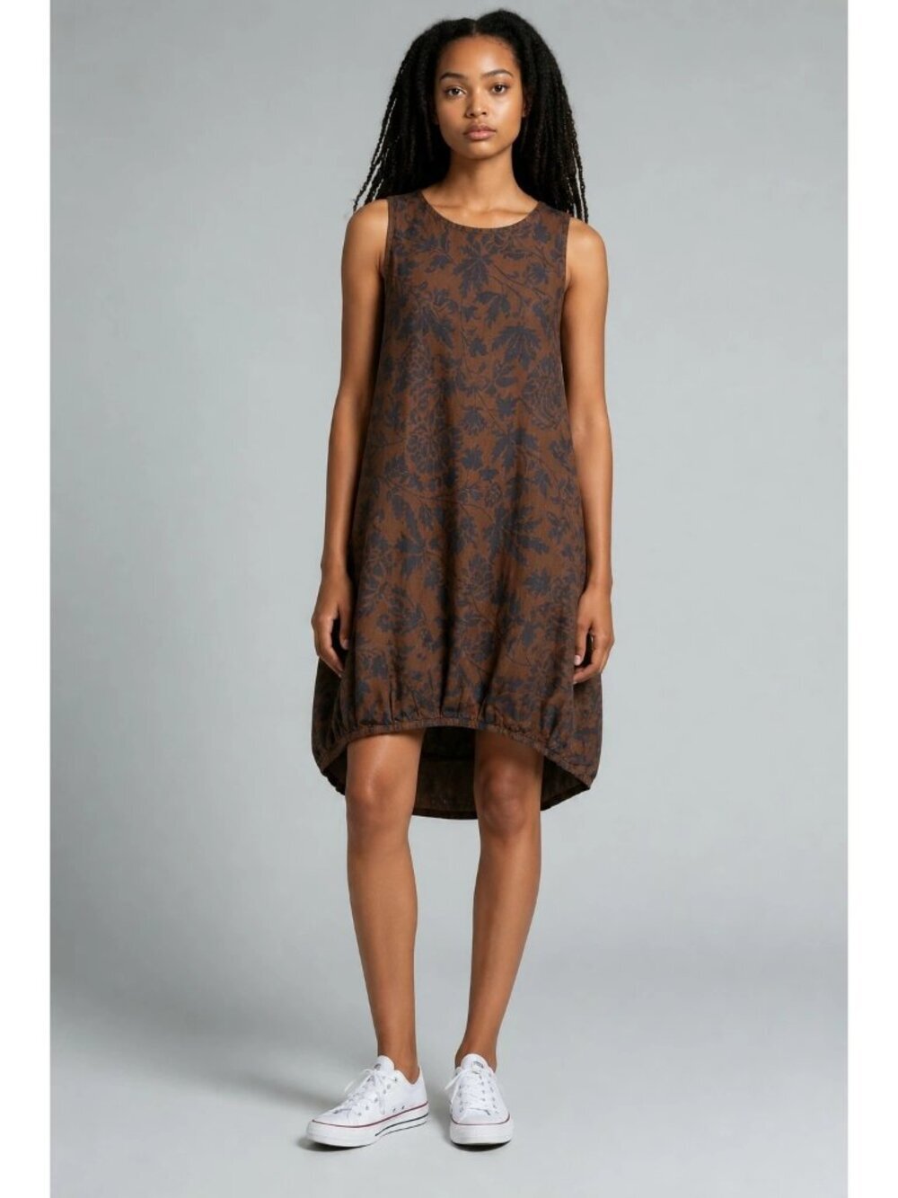 New Collection Floral Women Dress W/Gathered Hemline Brown & Blue Medium